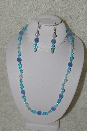 +MBAHB #33-005  "Fancy Blue Glass & White Glass Pearl Necklace & Matching Earring Set