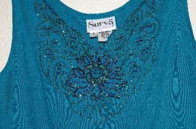 +MBADG #13-172  "1980's Surya Green One Of A Kind Rayon Hand Beaded Tank"