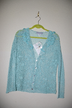 +MBADG #5-325  "Modern Soul Handcrafted Blue Crochet Cardigan With Ribbon Floral Trim"