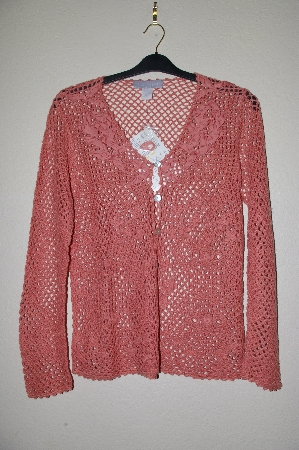 +MBADG #5-246  "Modern Soul Terracotta Handcrafted Crochet Cardigan With Ribbon Floral Trim"