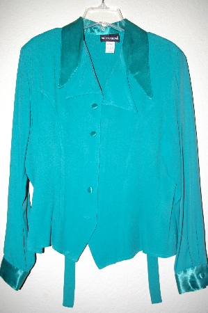 +MBADG #9-024  "Notations Fancy Green Button Front Top With Satin Trim"