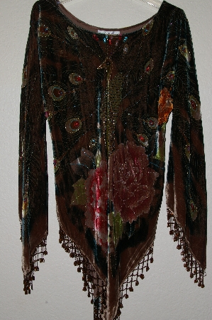 +MBADG #9-063  "Aris.A Fancy Brown Velvet Hand Beaded Peacock Poncho Shawl Top"