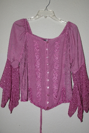 +MBADG #9-279  "L Pogee  Fancy Floral Embroidered Rose Pink Rayon Button Front Top"