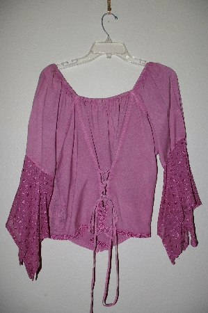 +MBADG #9-279  "L Pogee  Fancy Floral Embroidered Rose Pink Rayon Button Front Top"