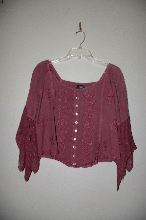 +MBADG #9-283  "L Pogee Fancy Rose Pink Embroidered Rayon Button Front Top" 