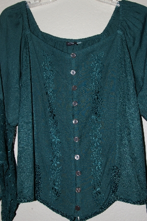 +MBADG #9-288  "L Pogee Fancy Green Floral Embroidered Rayon Button Front Top"