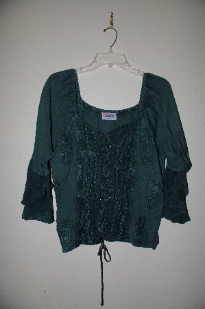 +MBADG #18-222  "Encounter Fancy Green Rayon Embroidered Tie Front Top"