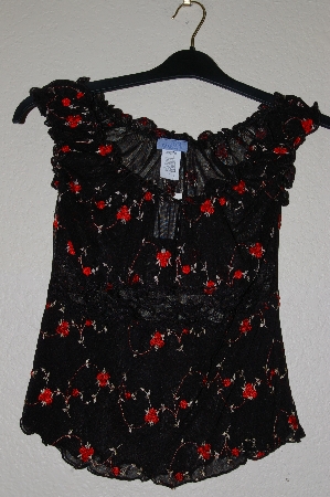 +MBADG #11-089  "Poetry Fancy Black Stretch Rose Embroidered Top"