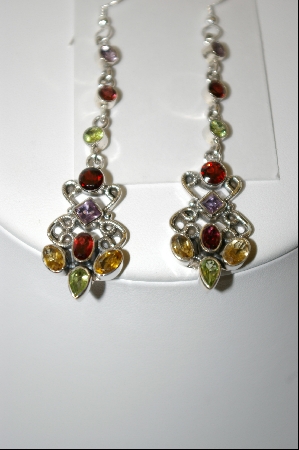 +MBA #7658  Beautiful Multi Gemstone Dangle Pierced Earrings
