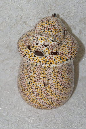 +MBADG #31-593  "1986 Hand Painted Floral Motif Pig Grease Jar With Strainer & Lid"