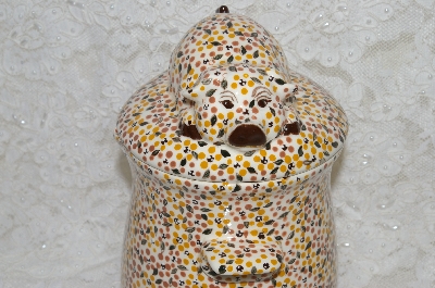 +MBADG #31-593  "1986 Hand Painted Floral Motif Pig Grease Jar With Strainer & Lid"