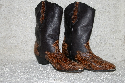+MBAB #99-289  "Brown Leather Faux Snake Skin Trimed Cowboy Boots"