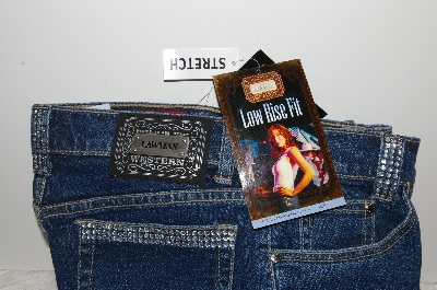 +MBAMG #25-133   "Size 5/ 34" Long "Lawman Blue Denim "Aurora"Rhinestone Embelished Jeans"
