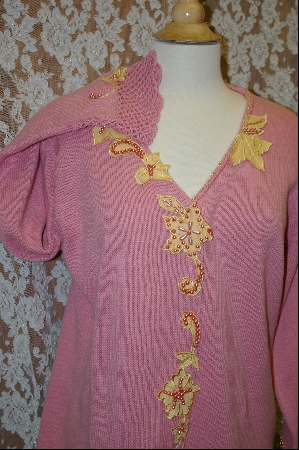 +MBA #7916   "Pink StoryBook Sweater With Yellow Applique Flowers & Pink Pearls