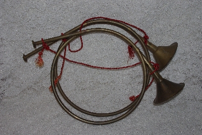 +MBAMG #11-0666  "1980's Set Of 2 Tarnished Brass Hunter Horn Large Ornaments"