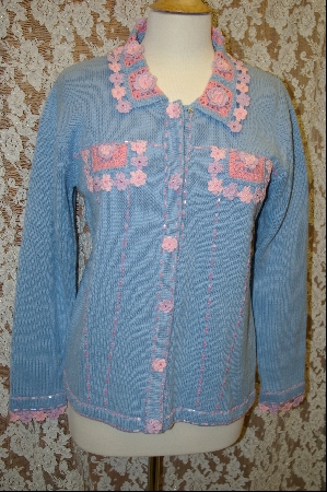+MBA #7879   "StoryBook Knits Limited Edition Lt Blue Crochet Accented Sweater
